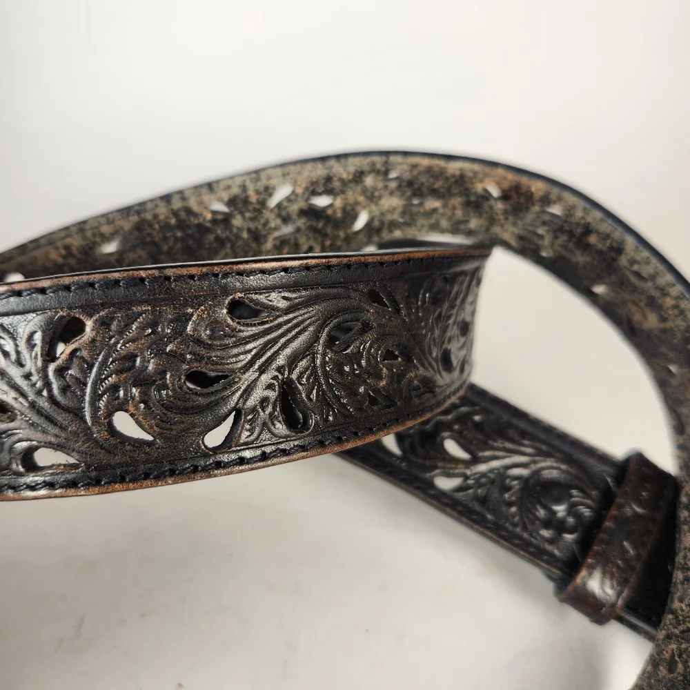TONY LAMA Pierced Filagree Belt Size 36 Black Leather Cut Out Silver Buckle - Picture 7 of 10